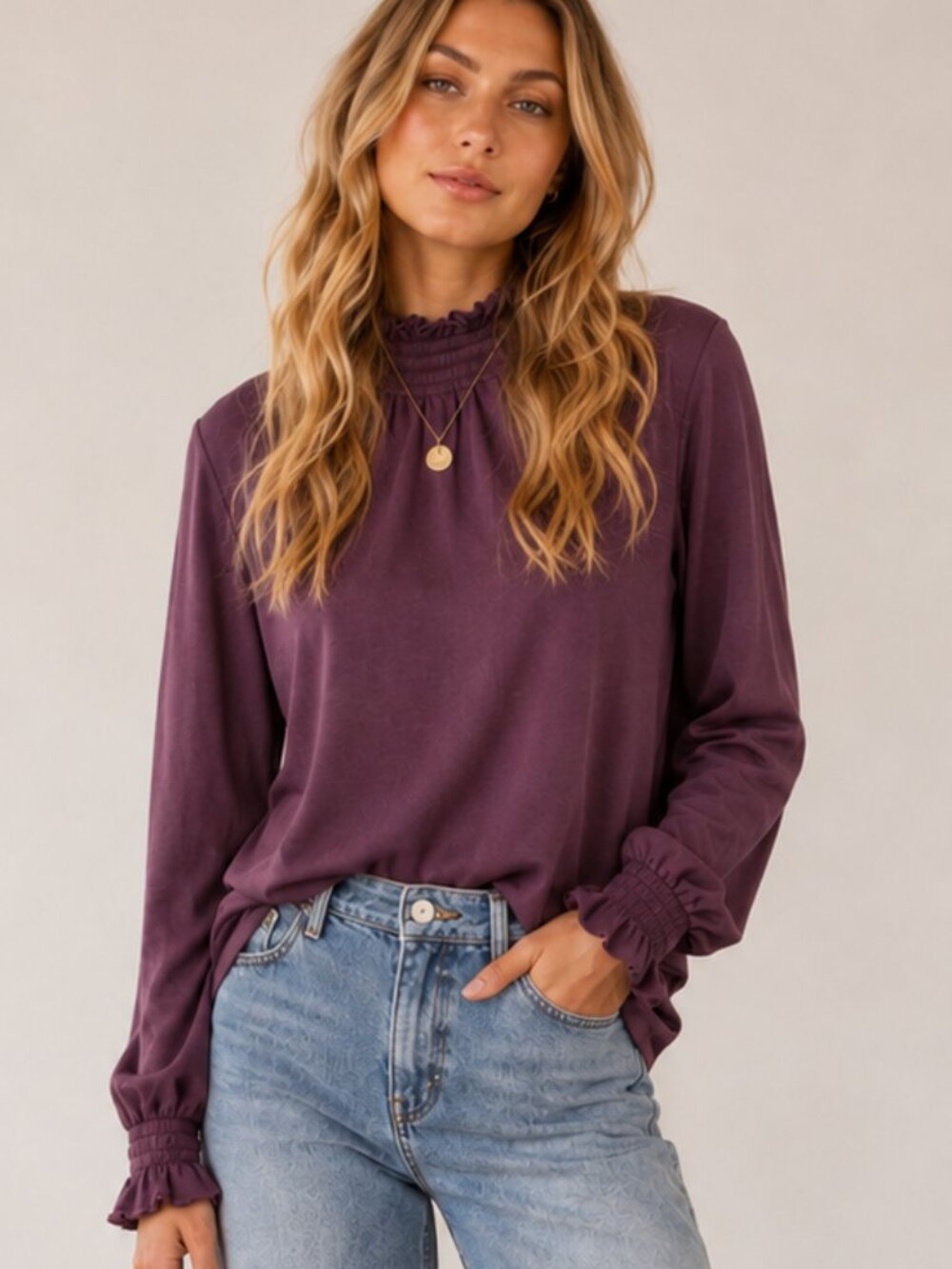 LUCKY BRAND Smocked Mock Neck Long Sleeve Modal Boho Top Port Royale Plum S EUC